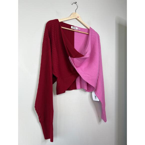 NWT Amur Cruz Twist Cropped V-Neck Cranberry Red & Pink Ribbed Sweater - Picture 3 of 8